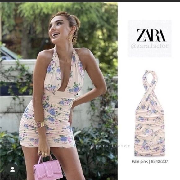Zara Dresses & Skirts - Zara Pink Floral Halter Dress XS Ruched Backless Corset Plunge Summer Party